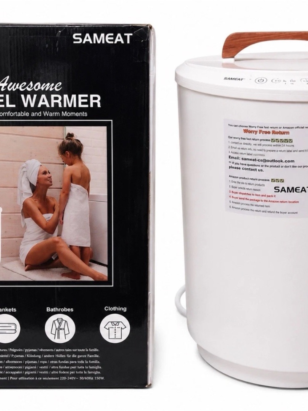 White Towel Warmer with Wood Handle